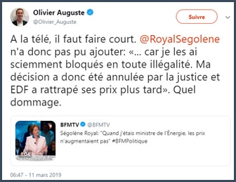 Olivier Auguste reprend Ségolène Royal sur les tarifs de l'électricité bloqués en toute illégalité