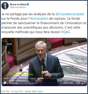 Bruno Le Maire Twitter je ne partage pas les analyses de la Cour des comptes sur le fonds d'innovation