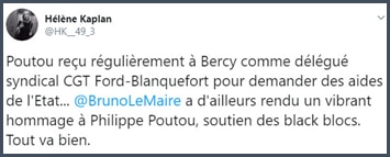 Tweet Hélène Kaplan Poutou reçu régulièrement à Bercy comme délégué syndical