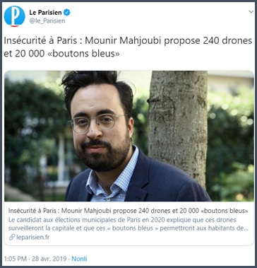 Le Parisien Mounir Mahjoubi propose 240 drones et 20 000 boutons bleus pour la sécurité à Paris