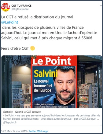 Tweet la CGT a refusé la distribution du journal Le Point dans les kiosques de plusieurs villes de France