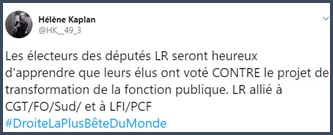 Tweet Hélène Kaplan Les électeurs des députés LR seront heureux d'apprendre que leurs élus ont voté contre le projet de transformation de la fonction publique