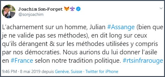 Tweet JSF L'acharnement sur Julian Assang en dit long sur ceux qu'ils dérangent