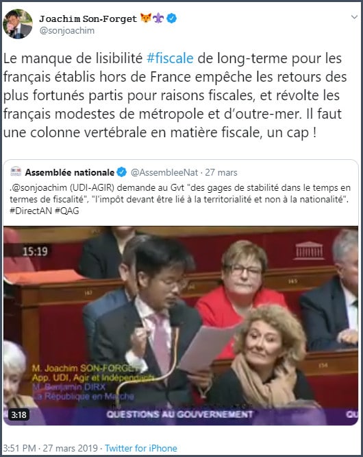 Tweet JSF Le manque de lisibilité fiscale de long-terme pour les Français établis hors de France empêche les retours des plus fortunés partis pour des raisons fiscales