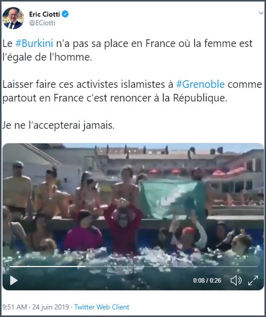 Tweet Eric Ciotti le burkini n'a pas sa place en France où la femme est l'égale de l'homme
