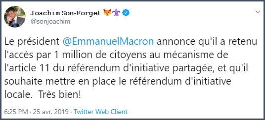 Tweet JSF Le président Emmanuel Macron annonce qu'il a retenu l'accès par 1 million de citoyens