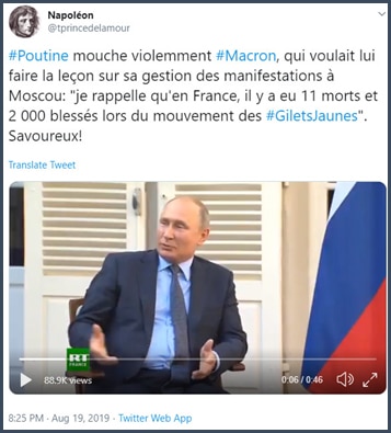 Tweet tprincedelamour Poutine mouche violemment Macron qui voulait lui faire la leçon sur sa gestion des manifestations à Moscou