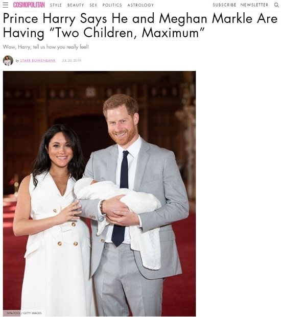 Cosmopolitan Le prince Harry explque que lui et Meghan Markle n'auront que deux enfants, maximum