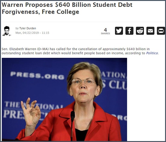 Zero Hedge Elizabeth Warren propose l'annulation de la dette étudiante